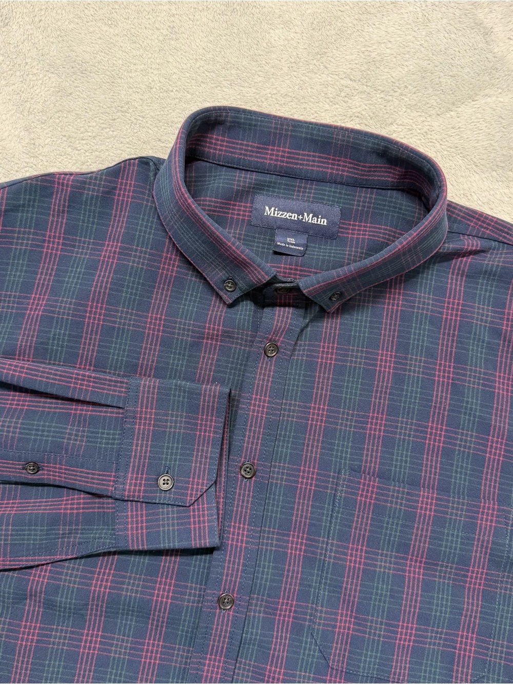 MIZZEN + MAIN Dark Navy City Flannel Broadway Plaid Button Shirt Mens 2XL Trim